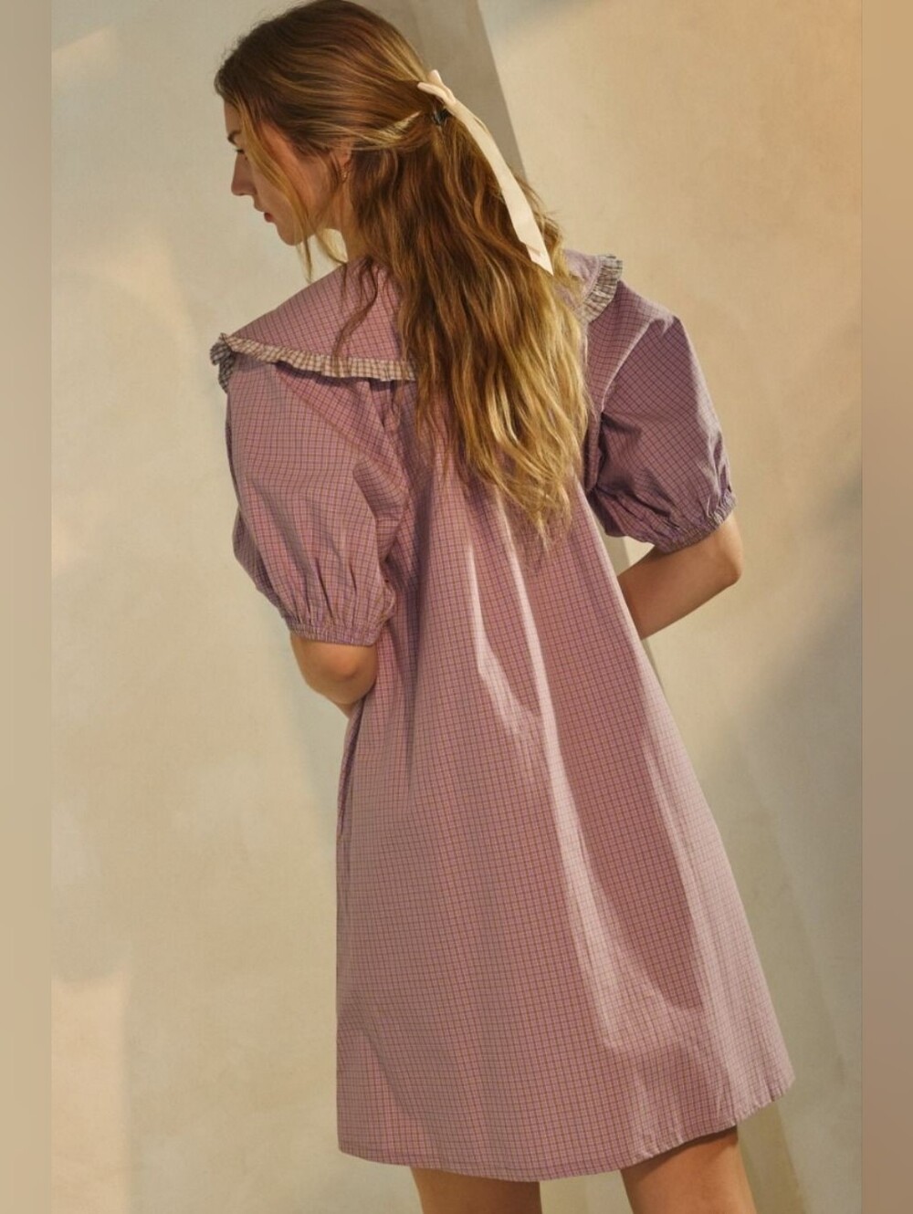 Retro Mod Lavender Checked Button-Front Mini Dress with Ruffled Collar - Picture 7 of 7